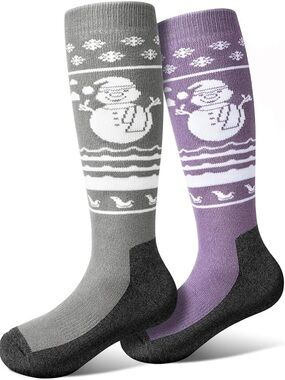Winter Thermal Ski Socks Unixex Kids Small, 2 Pairs Snowman Pattern Gray/Purple